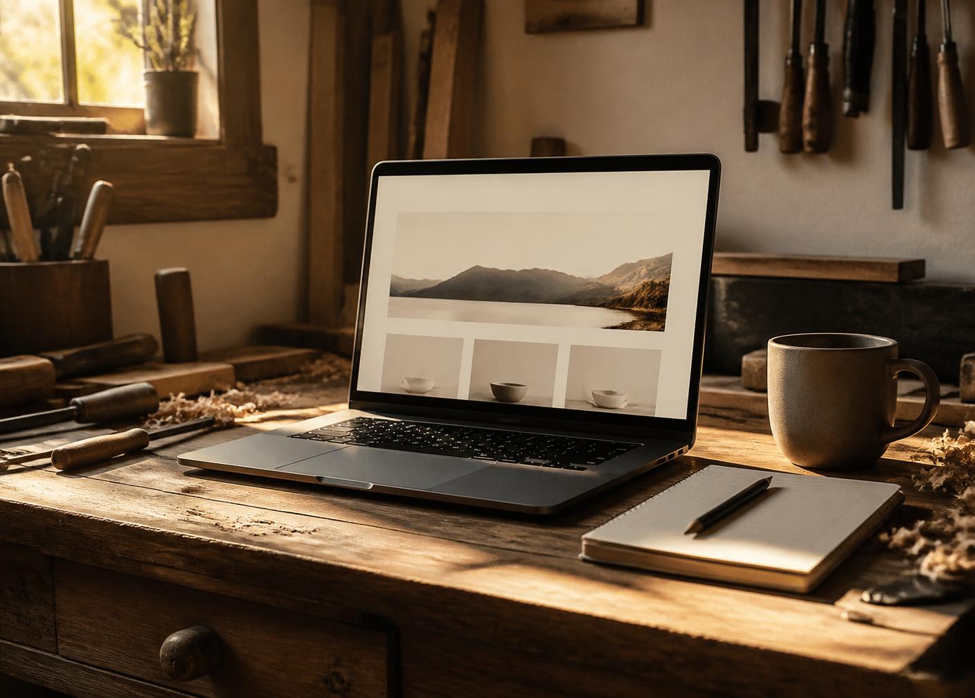 A laptop showing a clean website on a craftsman's workbench